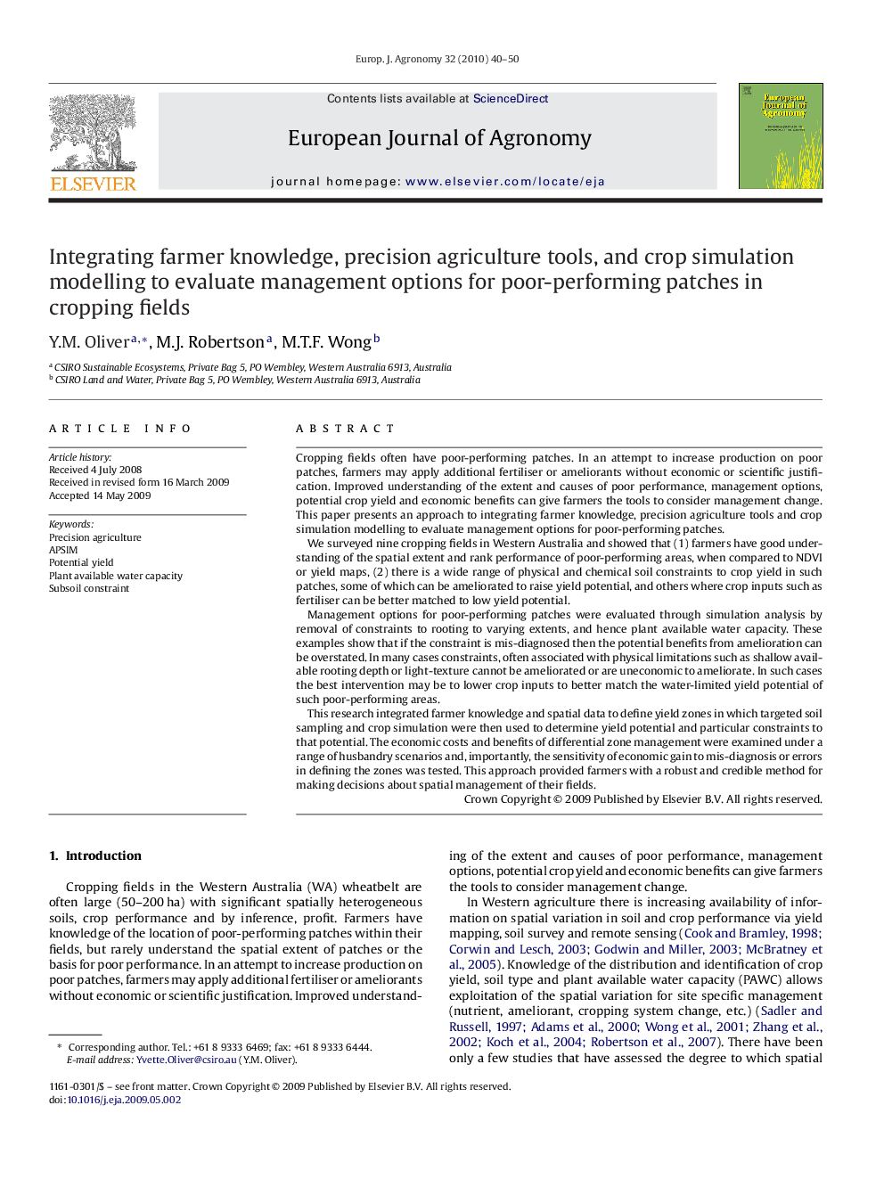 Integrating farmer knowledge, precision agriculture tools, and crop simulation modelling to evaluate management options for poor-performing patches in cropping fields