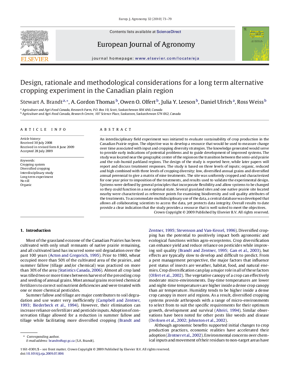 Design, rationale and methodological considerations for a long term alternative cropping experiment in the Canadian plain region