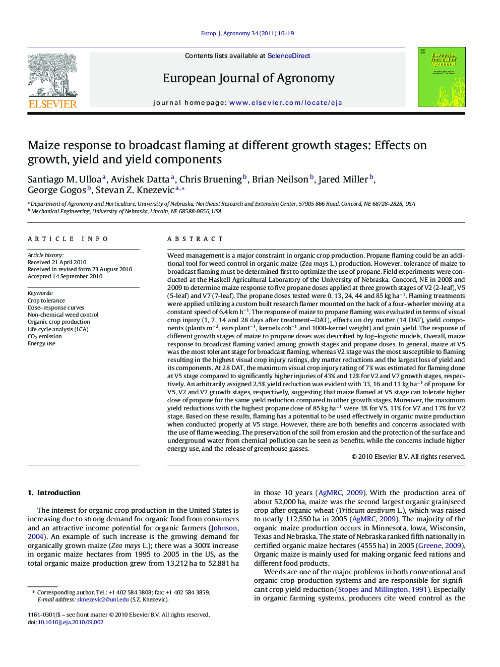 عکس صفحه اول مقاله: Maize response to broadcast flaming at different growth stages: Effects on growth, yield and yield components Maize response to broadcast flaming at different growth stages: Effects on growth, yield and yield components