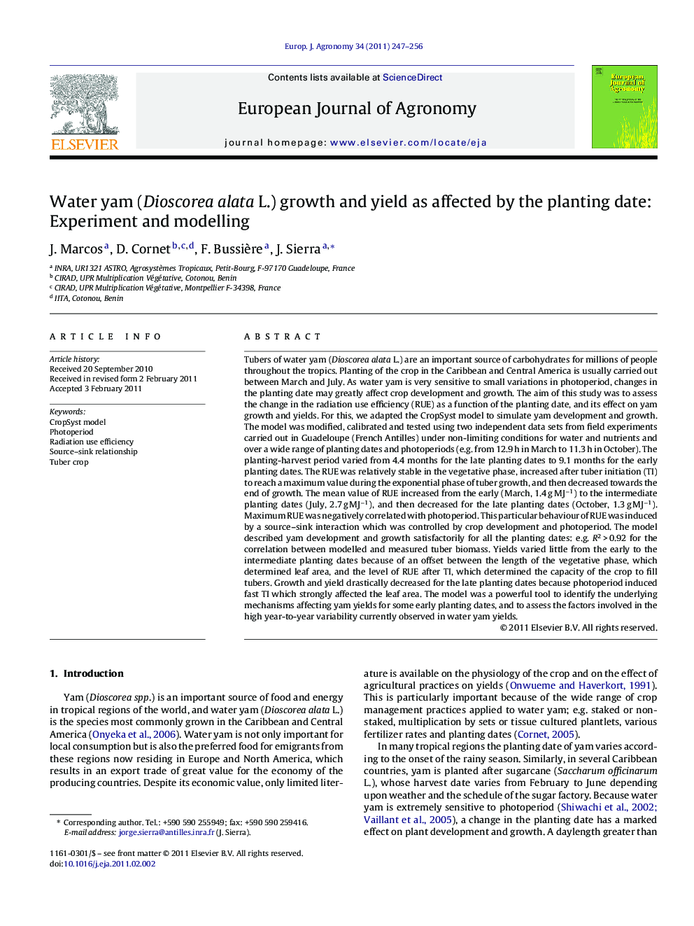 Water yam (Dioscorea alata L.) growth and yield as affected by the planting date: Experiment and modelling