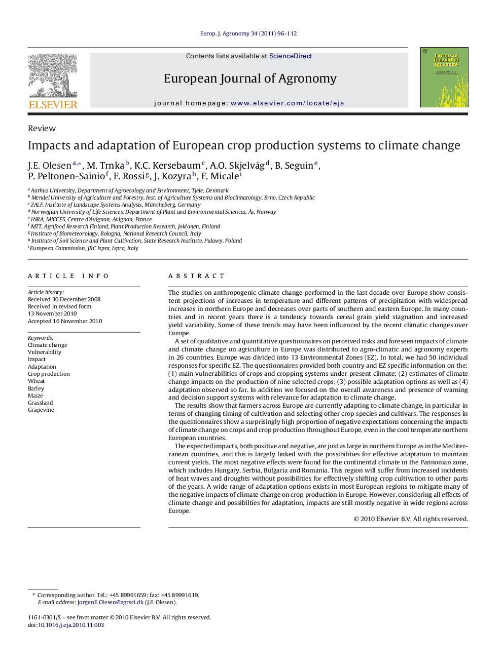 Impacts and adaptation of European crop production systems to climate change