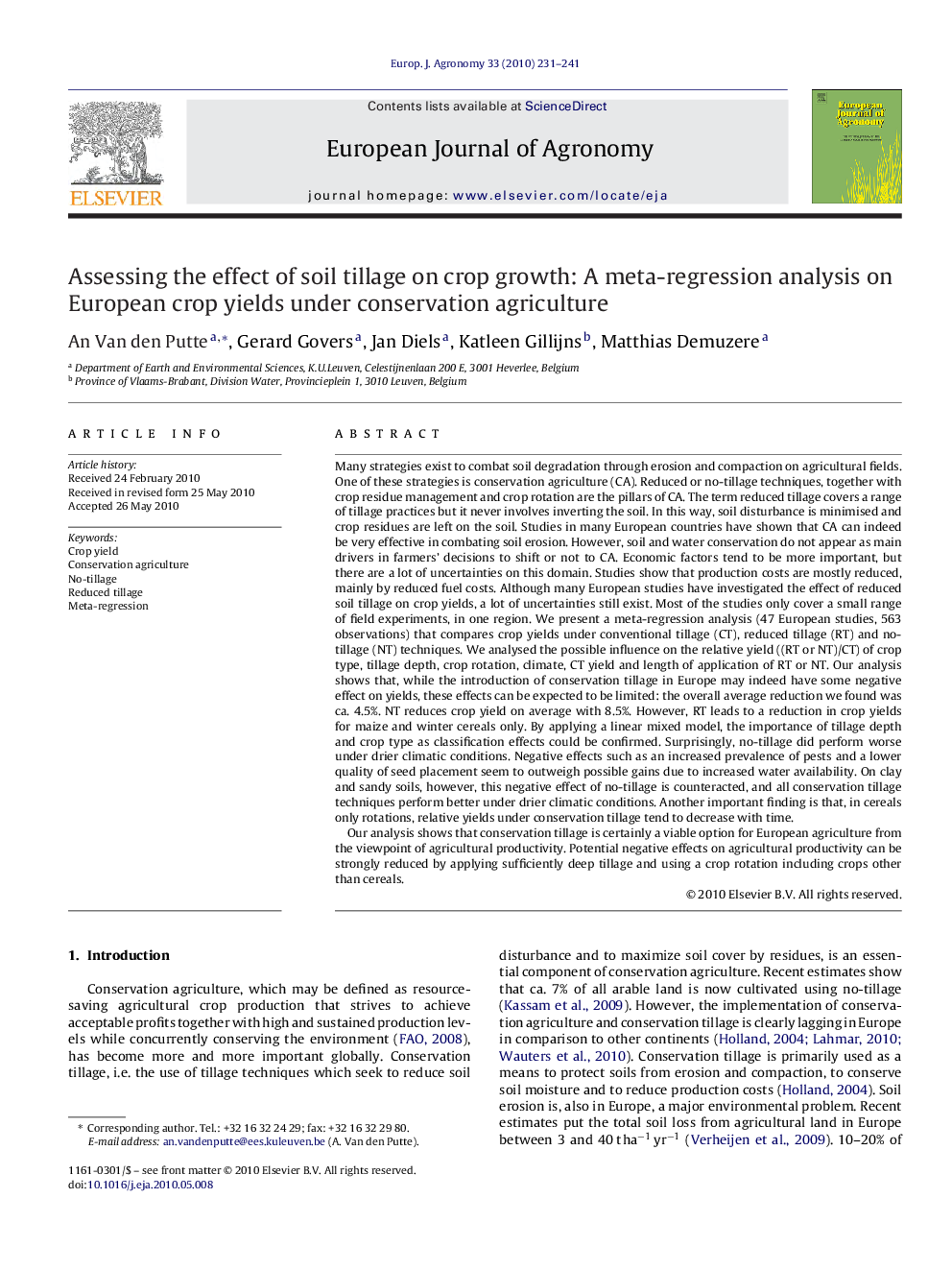 Assessing the effect of soil tillage on crop growth: A meta-regression analysis on European crop yields under conservation agriculture