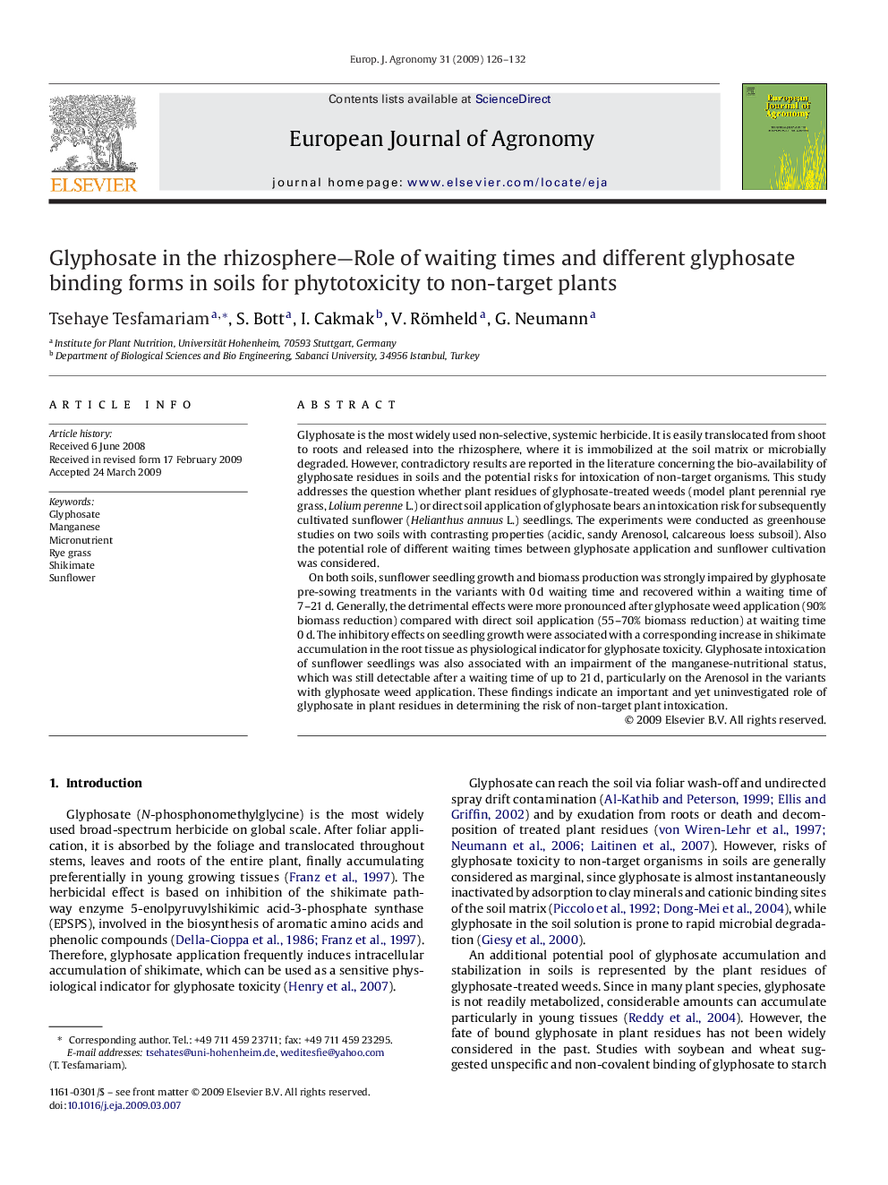 Glyphosate in the rhizosphere—Role of waiting times and different glyphosate binding forms in soils for phytotoxicity to non-target plants