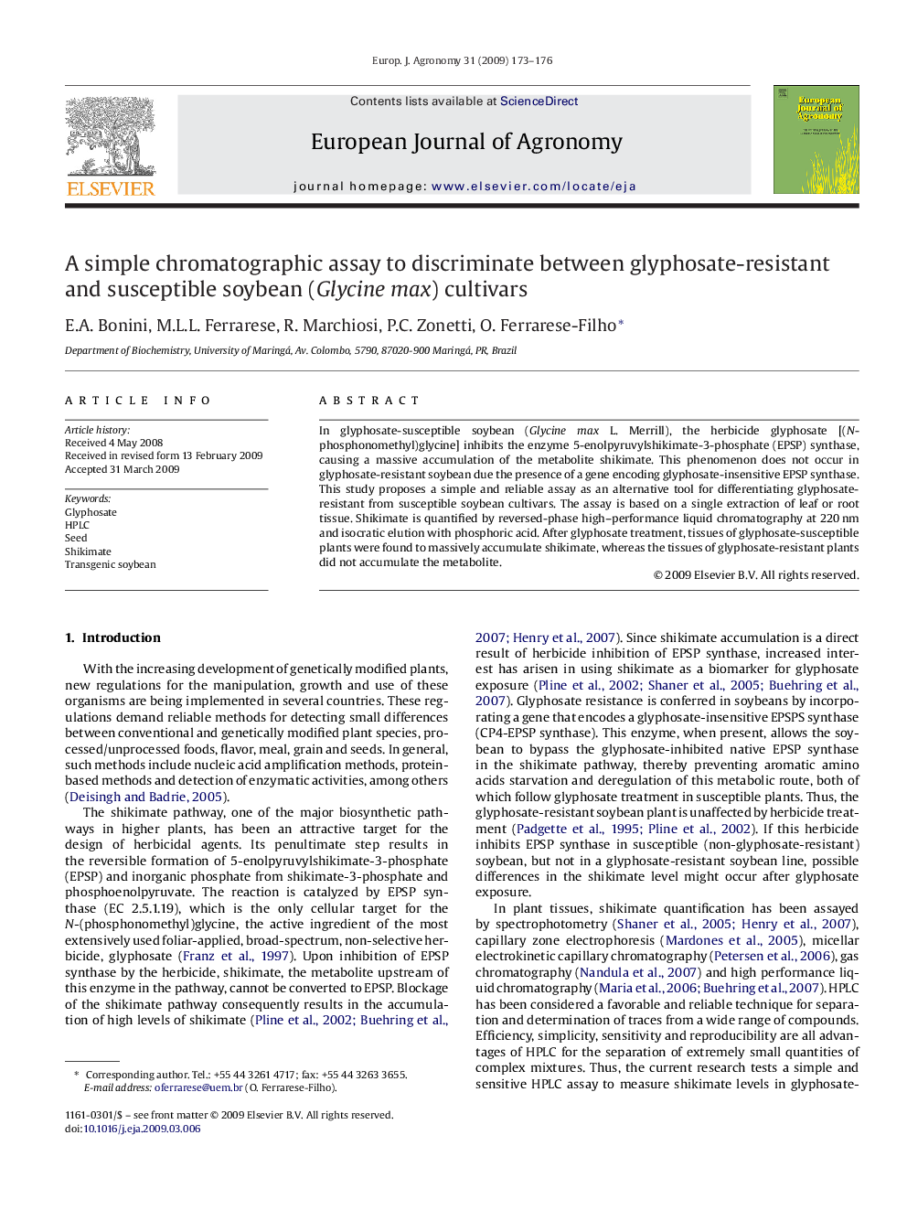 A simple chromatographic assay to discriminate between glyphosate-resistant and susceptible soybean (Glycine max) cultivars