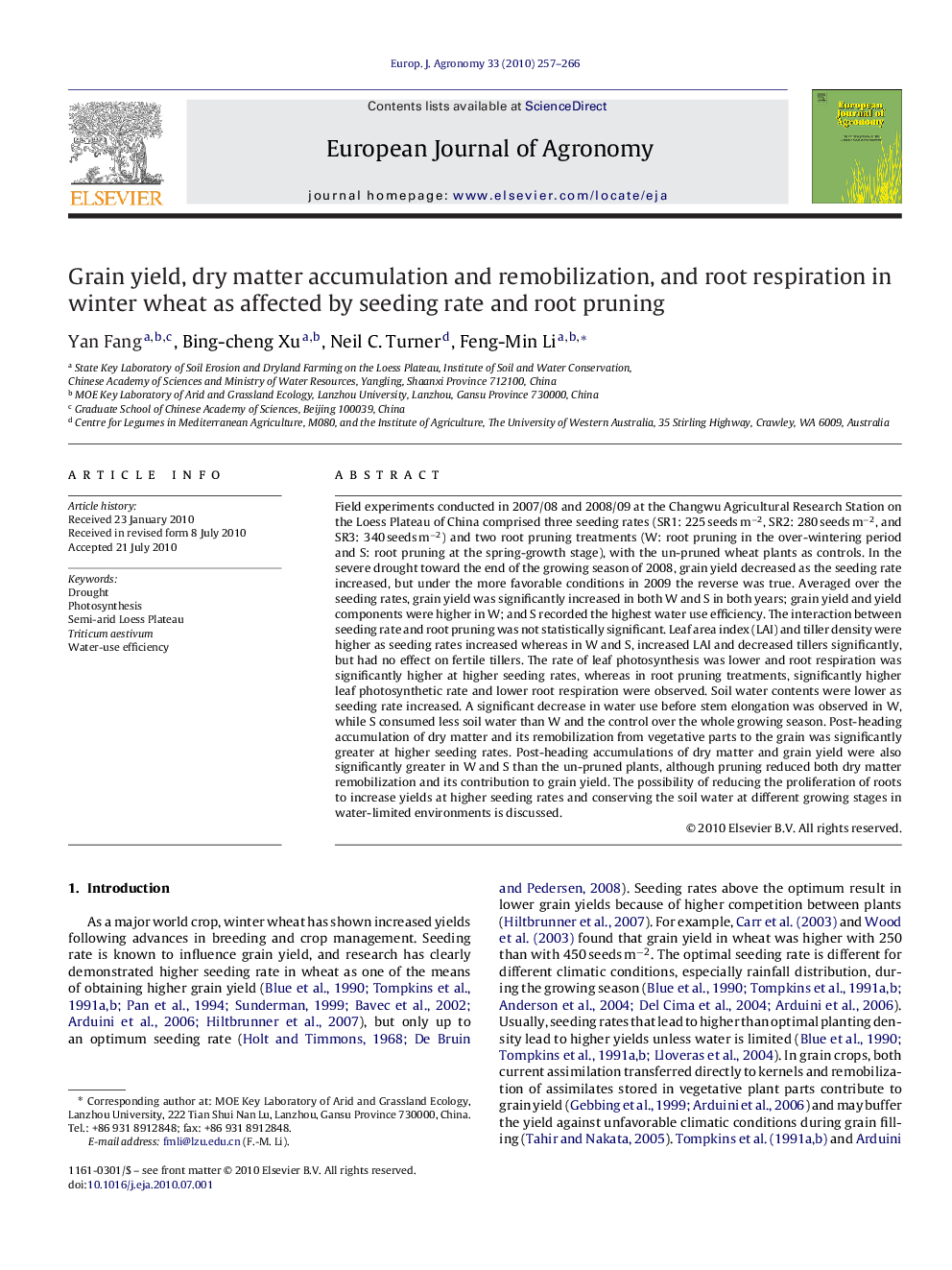 Grain yield, dry matter accumulation and remobilization, and root respiration in winter wheat as affected by seeding rate and root pruning