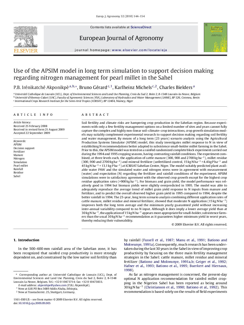 Use of the APSIM model in long term simulation to support decision making regarding nitrogen management for pearl millet in the Sahel