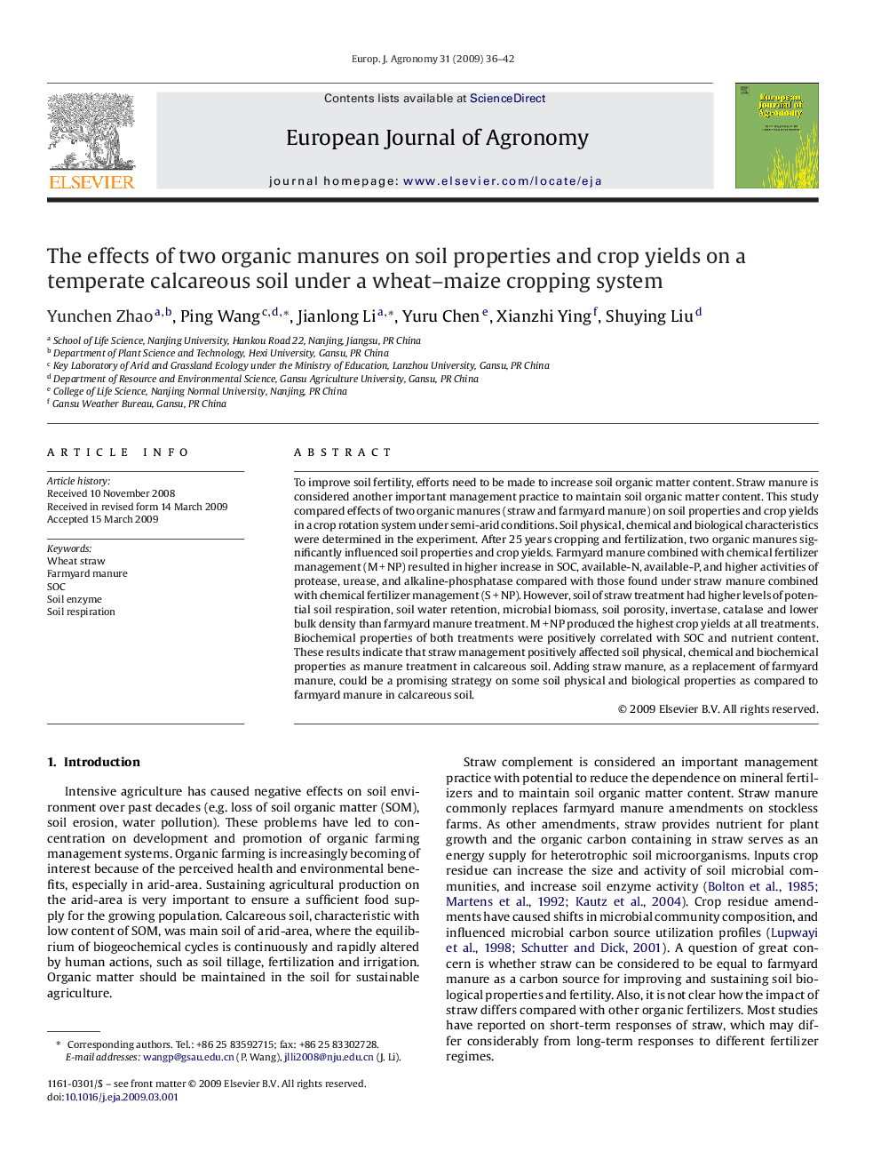 The effects of two organic manures on soil properties and crop yields on a temperate calcareous soil under a wheat–maize cropping system