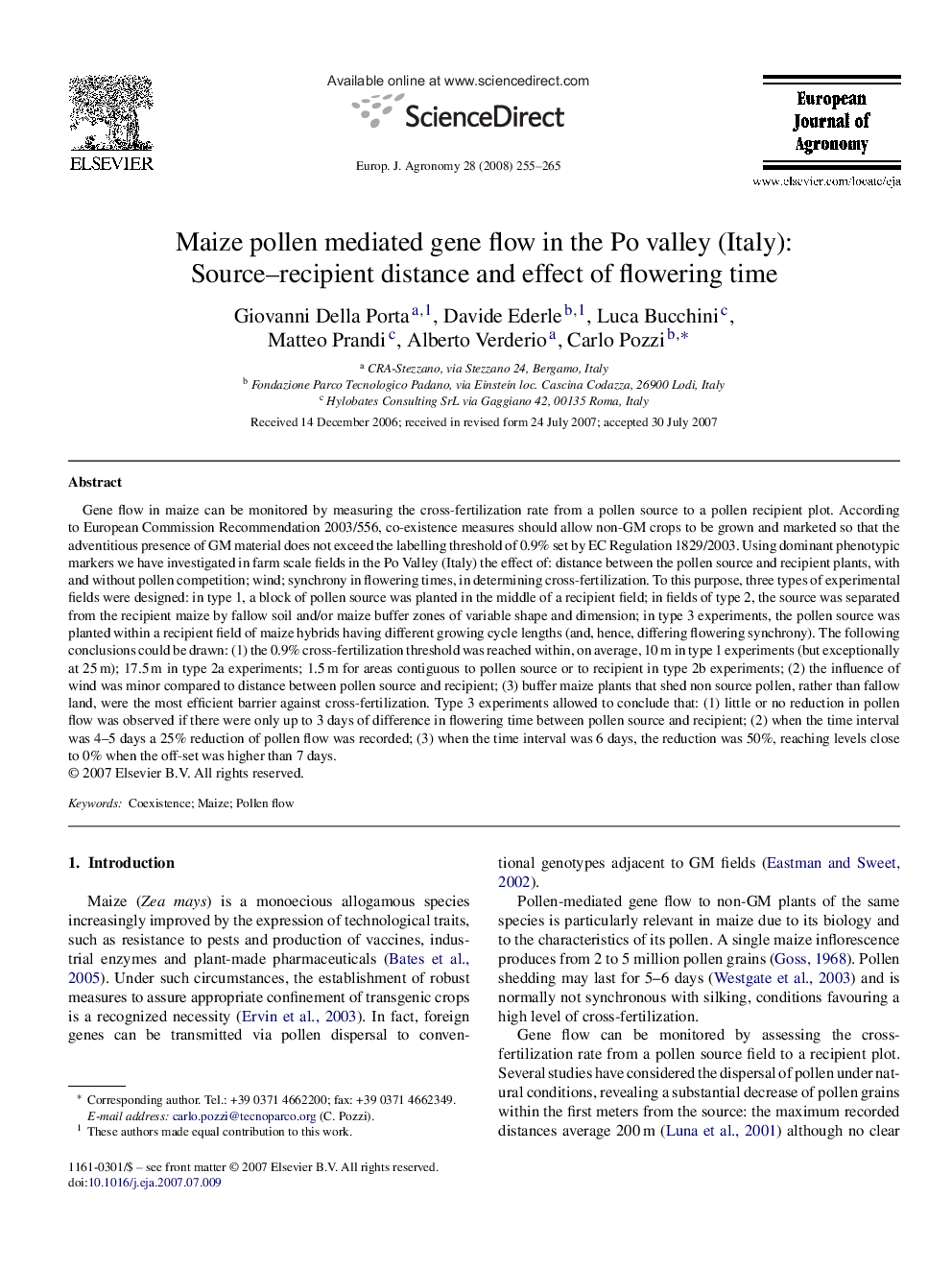 Maize pollen mediated gene flow in the Po valley (Italy): Source–recipient distance and effect of flowering time