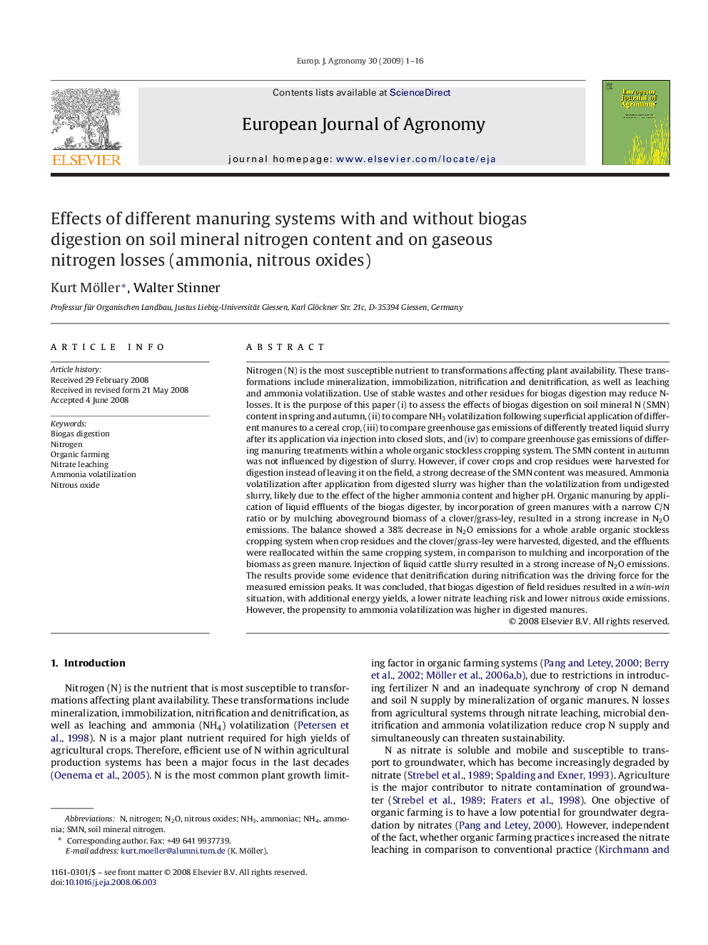 Effects of different manuring systems with and without biogas digestion on soil mineral nitrogen content and on gaseous nitrogen losses (ammonia, nitrous oxides)