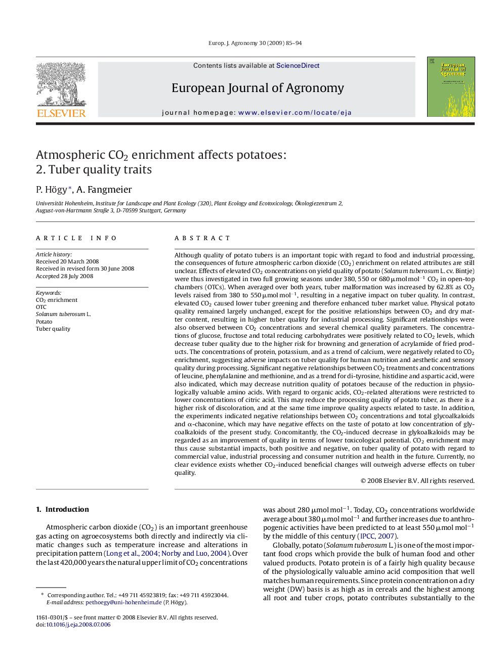 Atmospheric CO2 enrichment affects potatoes: 2. Tuber quality traits