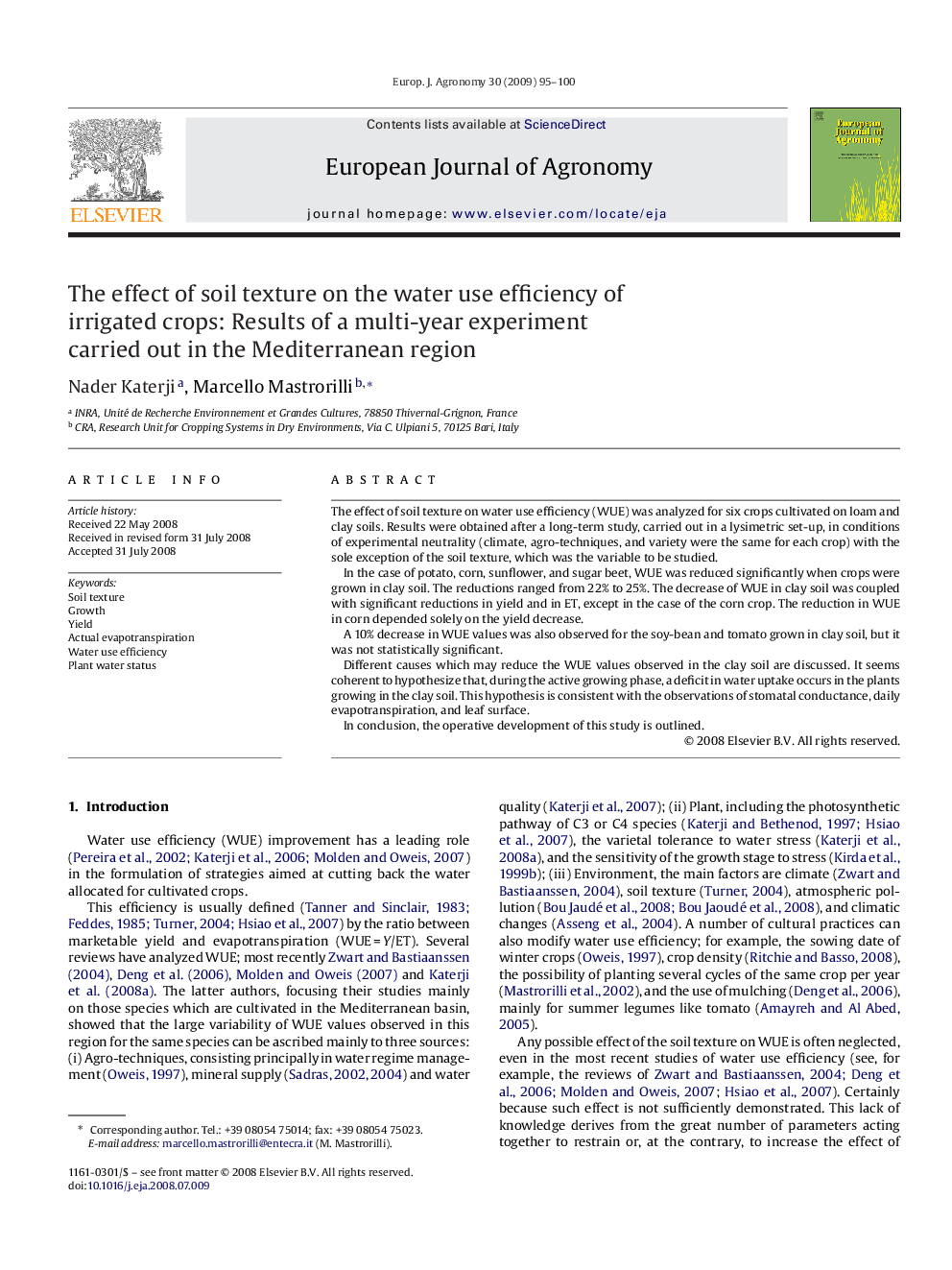 The effect of soil texture on the water use efficiency of irrigated crops: Results of a multi-year experiment carried out in the Mediterranean region