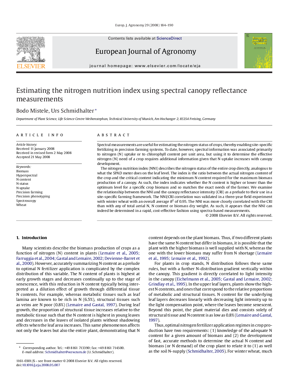 Estimating the nitrogen nutrition index using spectral canopy reflectance measurements