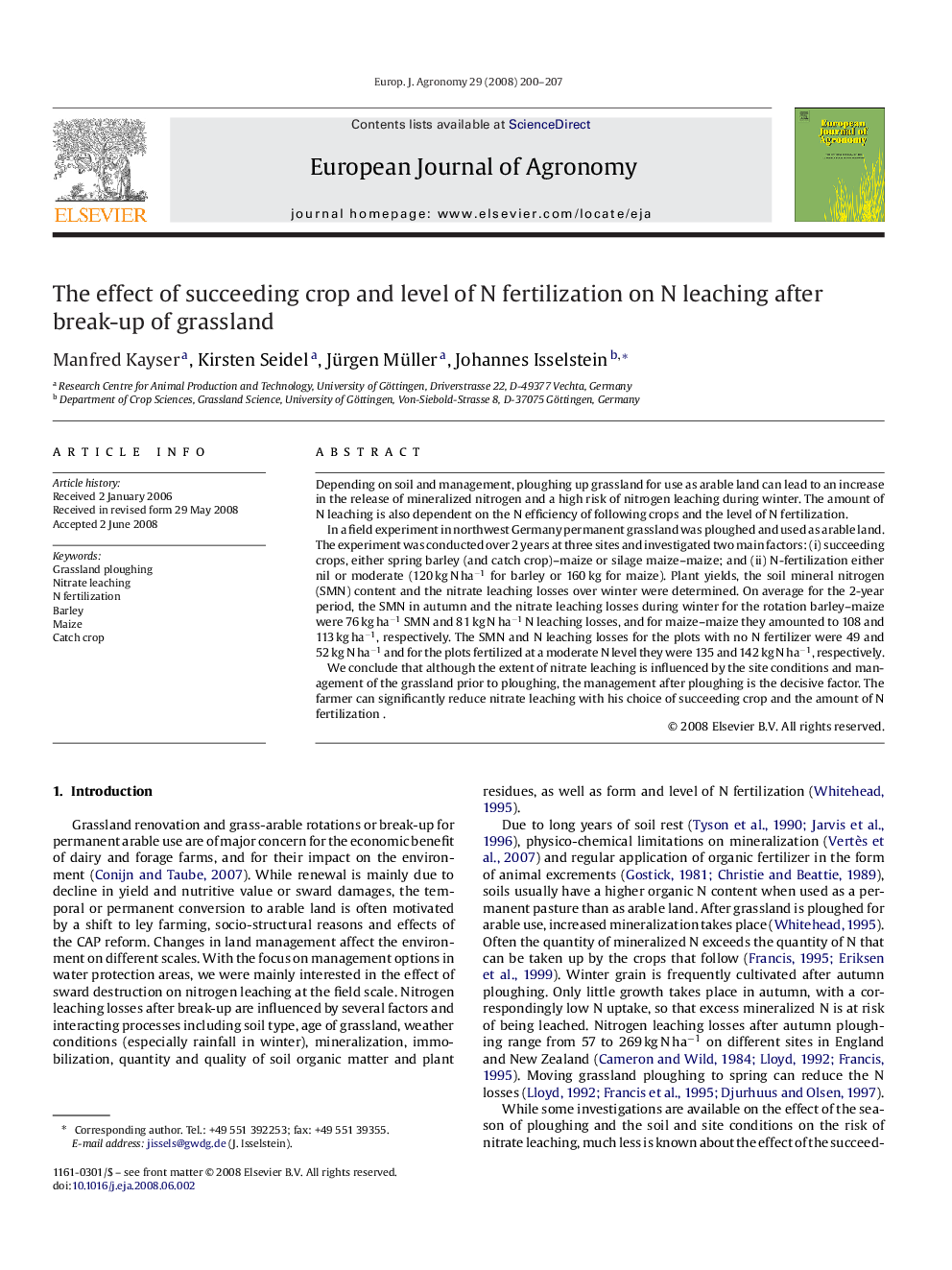 The effect of succeeding crop and level of N fertilization on N leaching after break-up of grassland