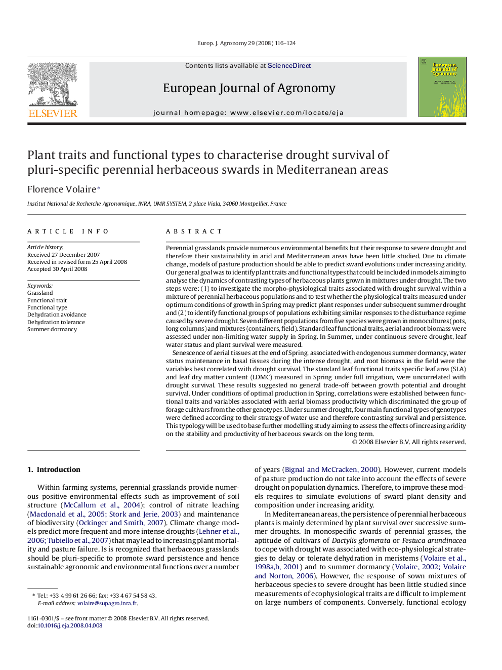 Plant traits and functional types to characterise drought survival of pluri-specific perennial herbaceous swards in Mediterranean areas