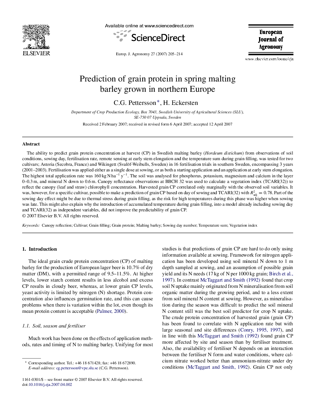 Prediction of grain protein in spring malting barley grown in northern Europe