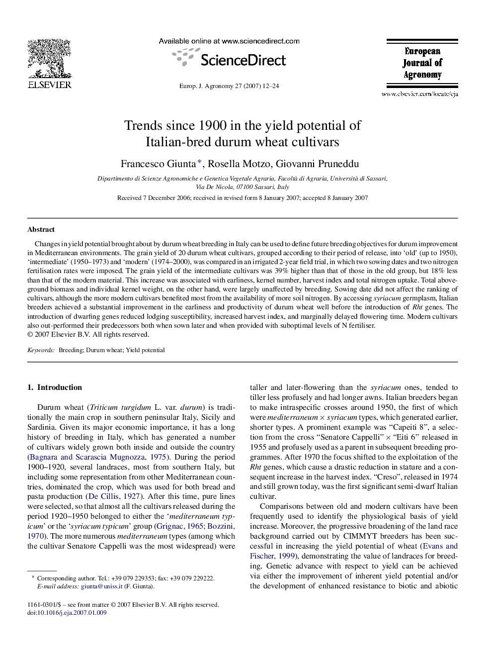 عکس صفحه اول مقاله: Trends since 1900 in the yield potential of Italian-bred durum wheat cultivars Trends since 1900 in the yield potential of Italian-bred durum wheat cultivars