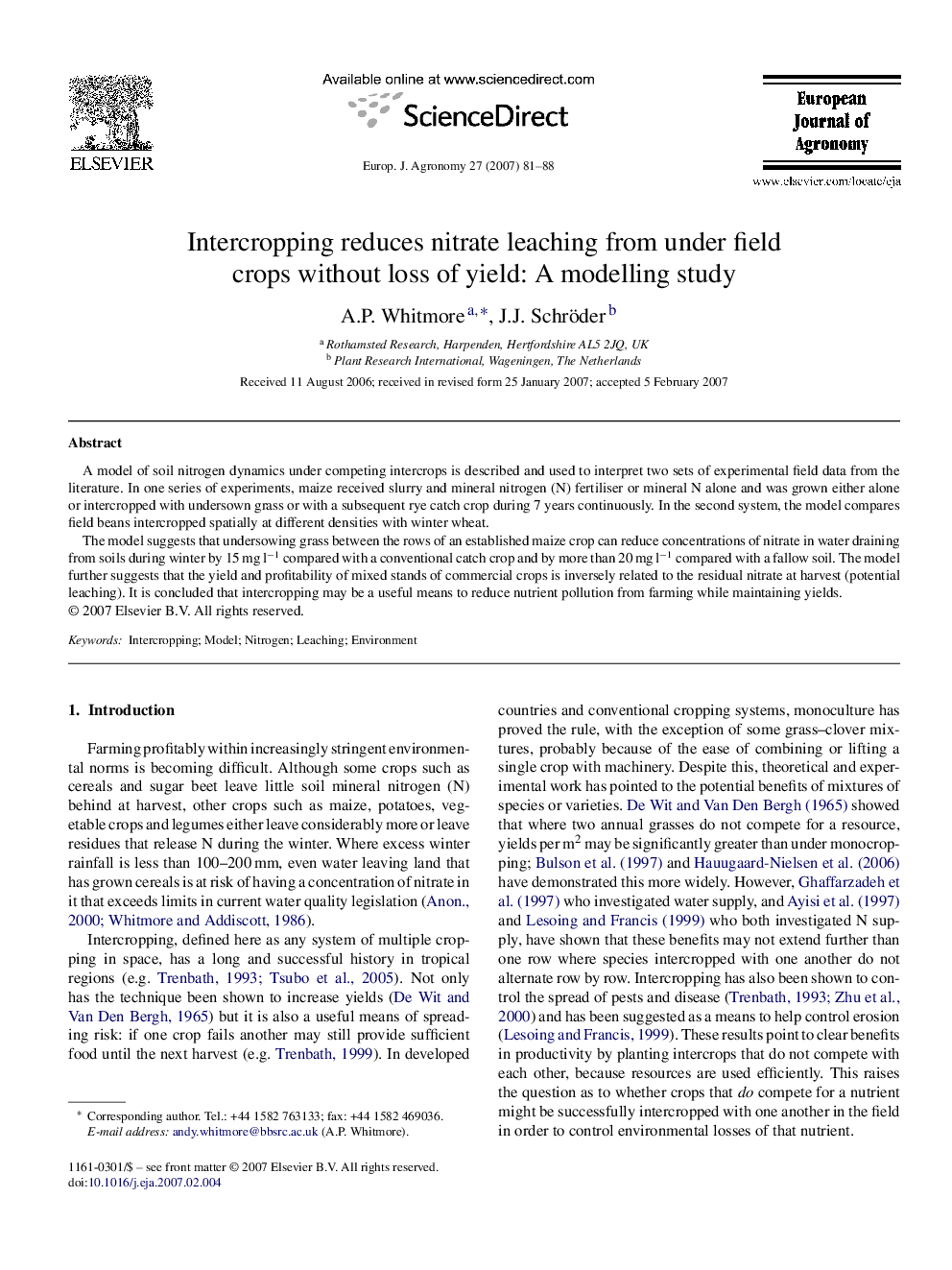 Intercropping reduces nitrate leaching from under field crops without loss of yield: A modelling study