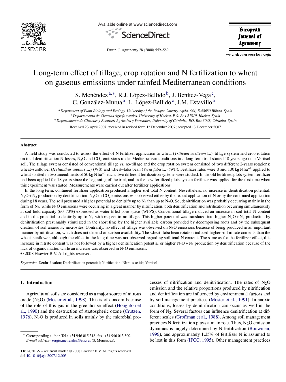 Long-term effect of tillage, crop rotation and N fertilization to wheat on gaseous emissions under rainfed Mediterranean conditions