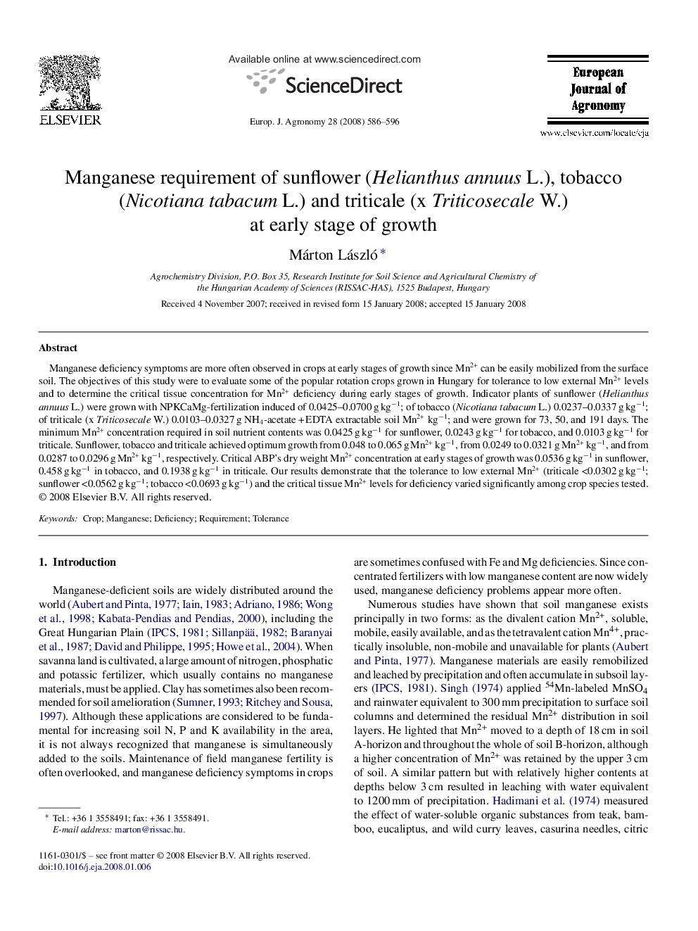 Manganese requirement of sunflower (Helianthus annuus L.), tobacco (Nicotiana tabacum L.) and triticale (x Triticosecale W.) at early stage of growth