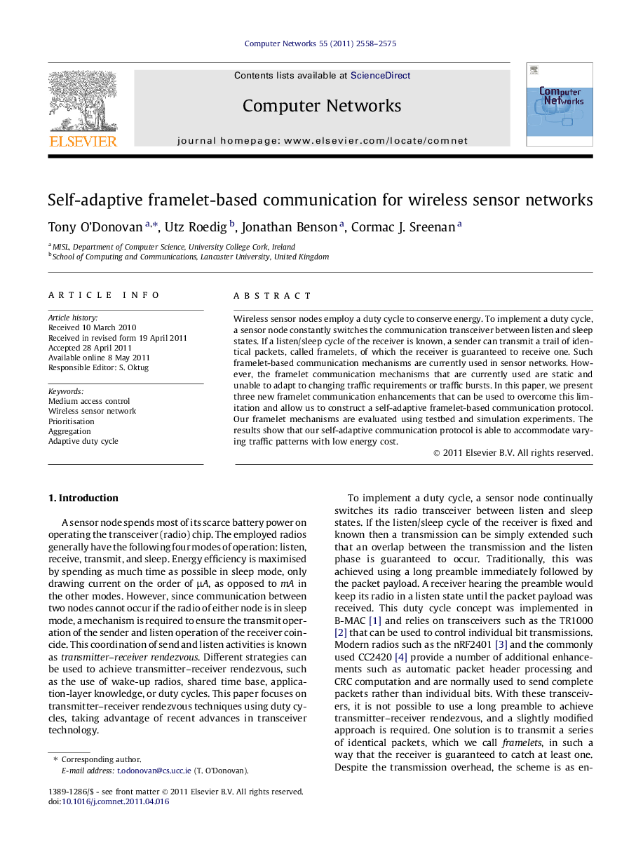 Self-adaptive framelet-based communication for wireless sensor networks