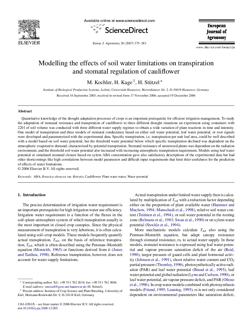 Modelling the effects of soil water limitations on transpiration and stomatal regulation of cauliflower