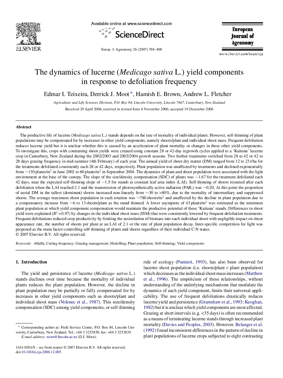 The dynamics of lucerne (Medicago sativa L.) yield components in response to defoliation frequency