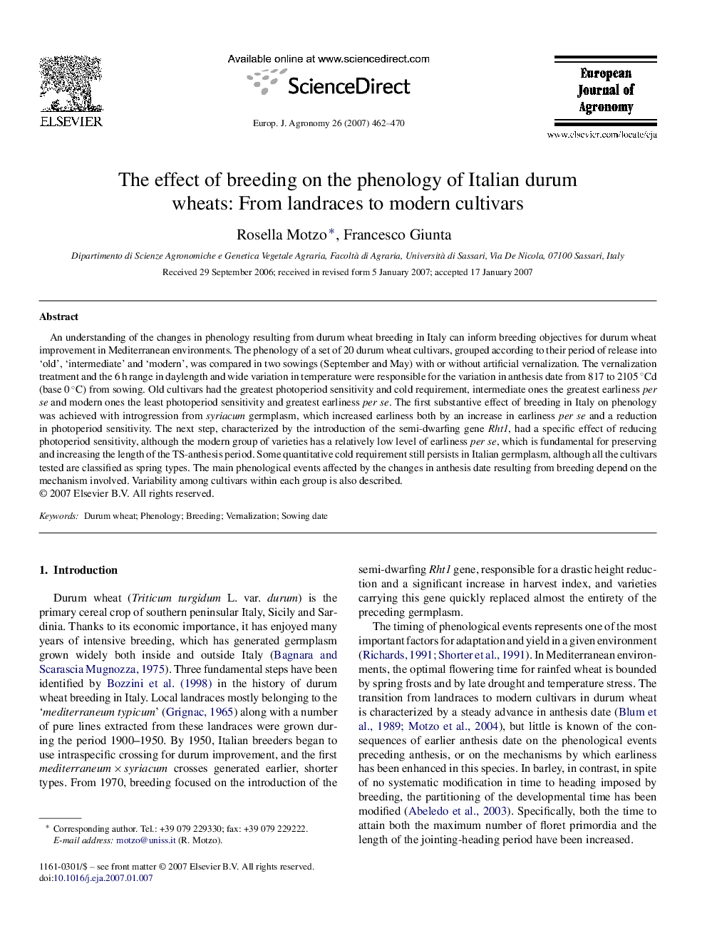 The effect of breeding on the phenology of Italian durum wheats: From landraces to modern cultivars