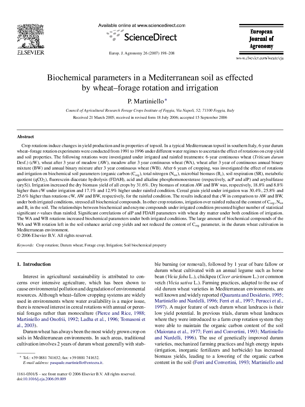 Biochemical parameters in a Mediterranean soil as effected by wheat–forage rotation and irrigation