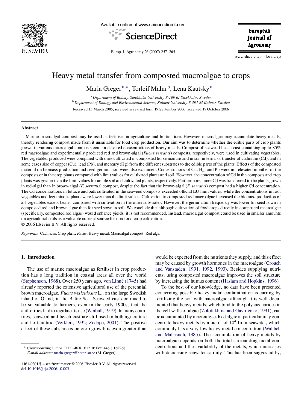 Heavy metal transfer from composted macroalgae to crops