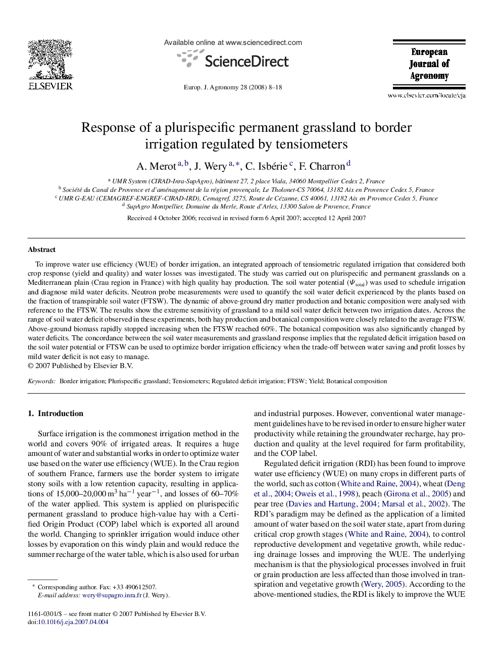 Response of a plurispecific permanent grassland to border irrigation regulated by tensiometers