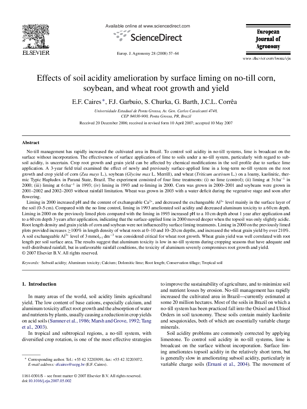 Effects of soil acidity amelioration by surface liming on no-till corn, soybean, and wheat root growth and yield