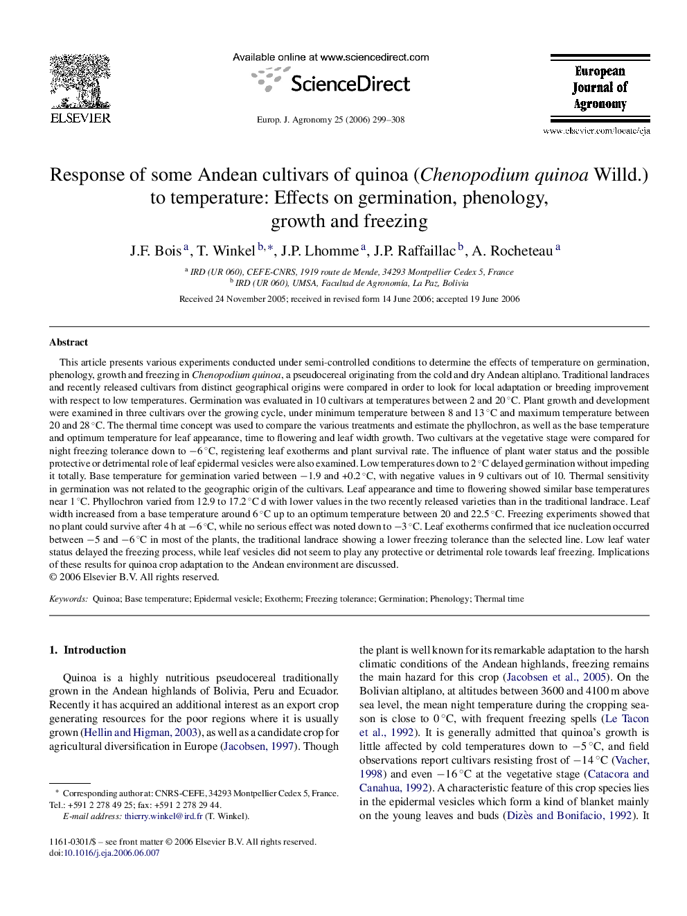 Response of some Andean cultivars of quinoa (Chenopodium quinoa Willd.) to temperature: Effects on germination, phenology, growth and freezing