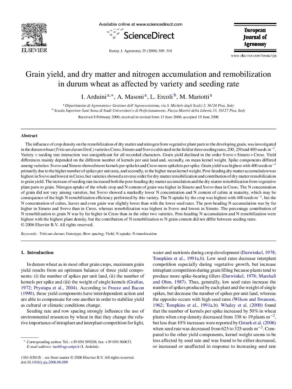 Grain yield, and dry matter and nitrogen accumulation and remobilization in durum wheat as affected by variety and seeding rate