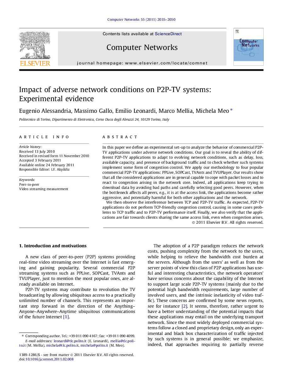 Impact of adverse network conditions on P2P-TV systems: Experimental evidence