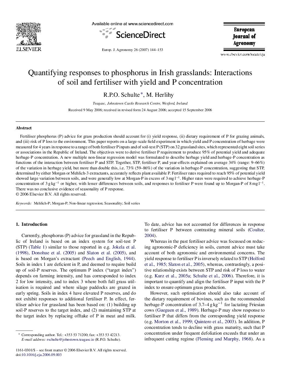 Quantifying responses to phosphorus in Irish grasslands: Interactions of soil and fertiliser with yield and P concentration