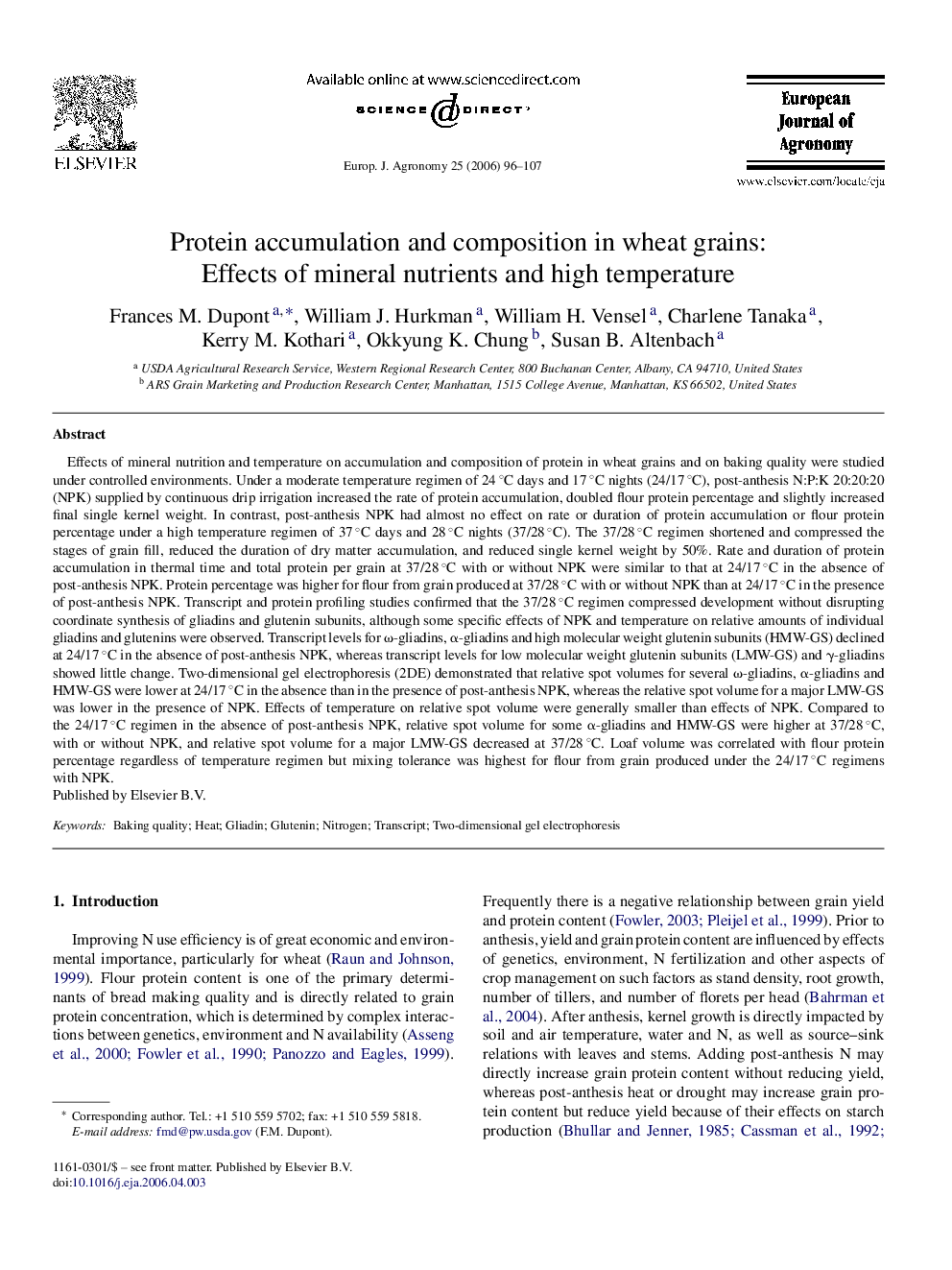 Protein accumulation and composition in wheat grains: Effects of mineral nutrients and high temperature