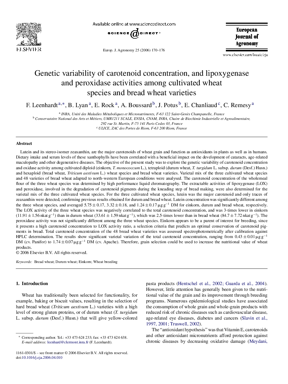 Genetic variability of carotenoid concentration, and lipoxygenase and peroxidase activities among cultivated wheat species and bread wheat varieties