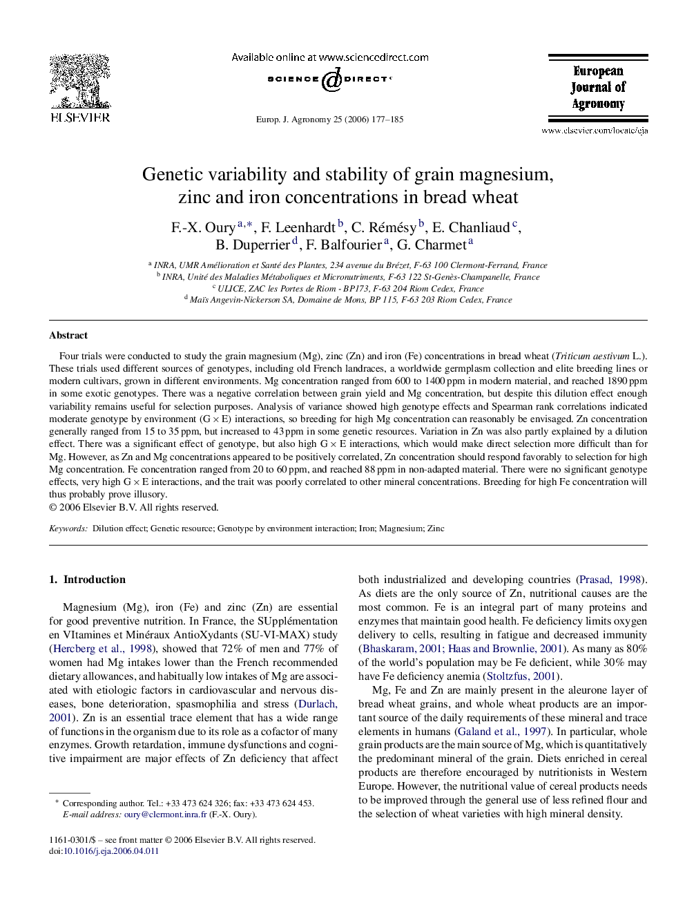 Genetic variability and stability of grain magnesium, zinc and iron concentrations in bread wheat