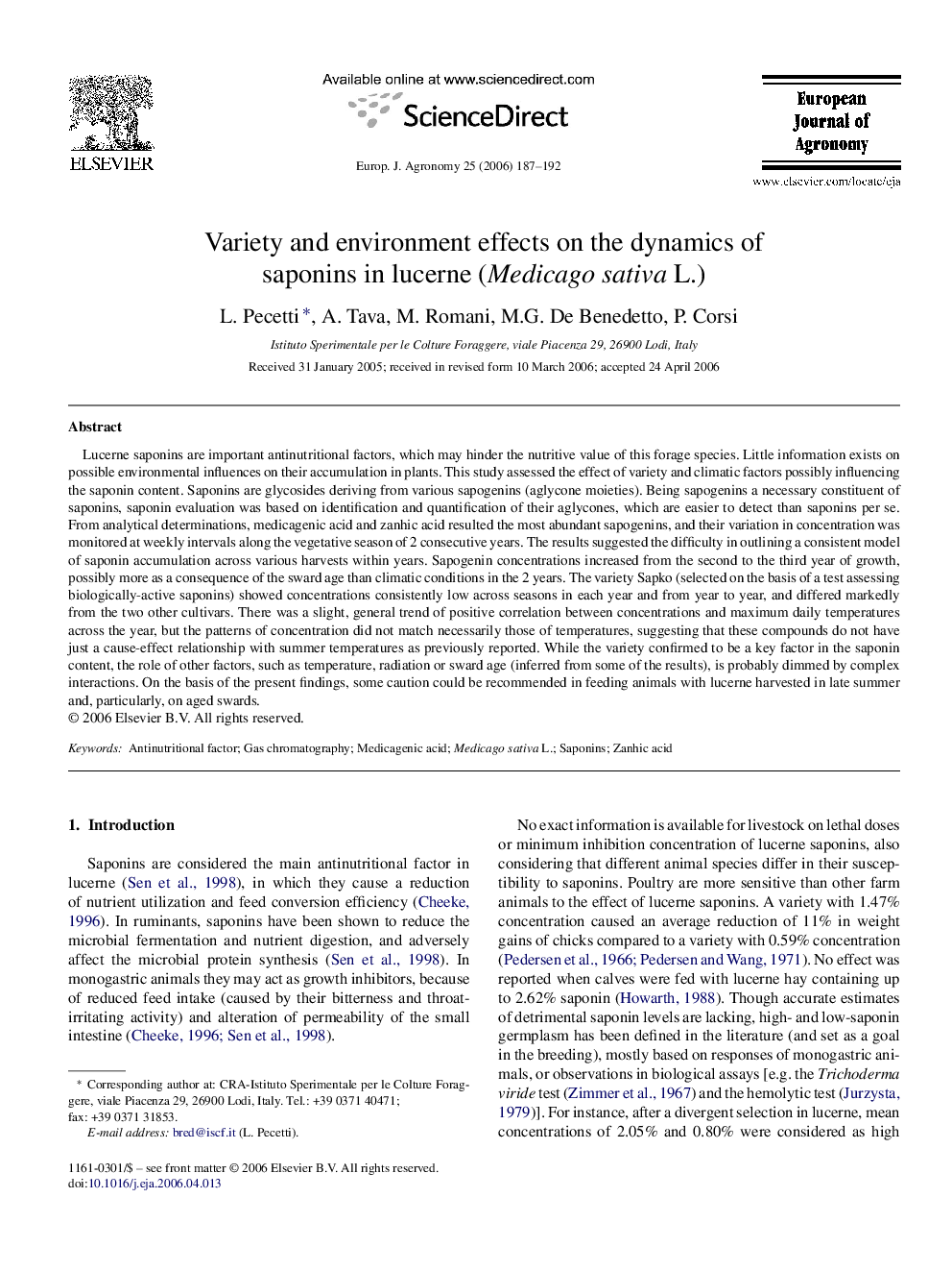 Variety and environment effects on the dynamics of saponins in lucerne (Medicago sativa L.)