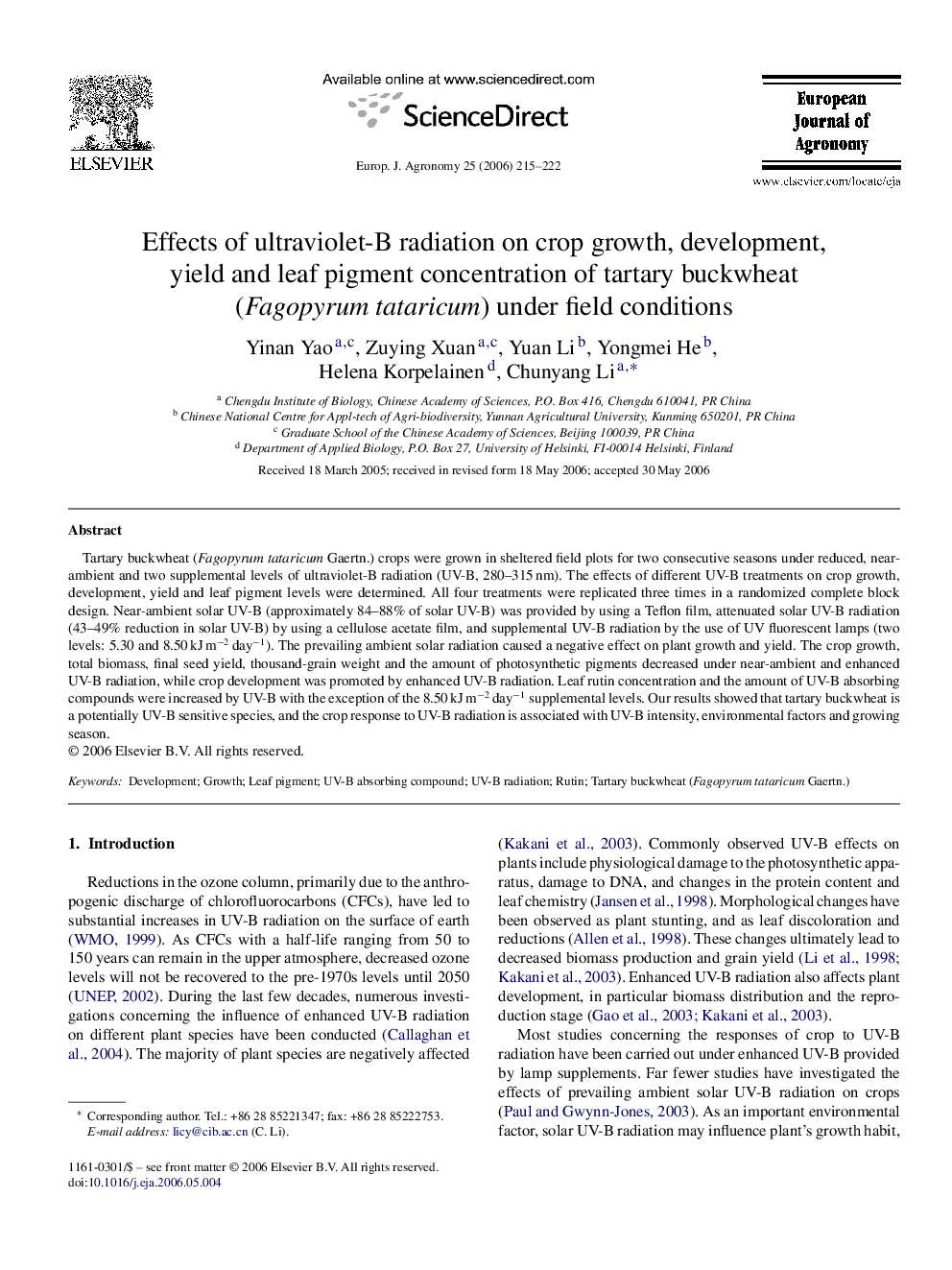 Effects of ultraviolet-B radiation on crop growth, development, yield and leaf pigment concentration of tartary buckwheat (Fagopyrum tataricum) under field conditions