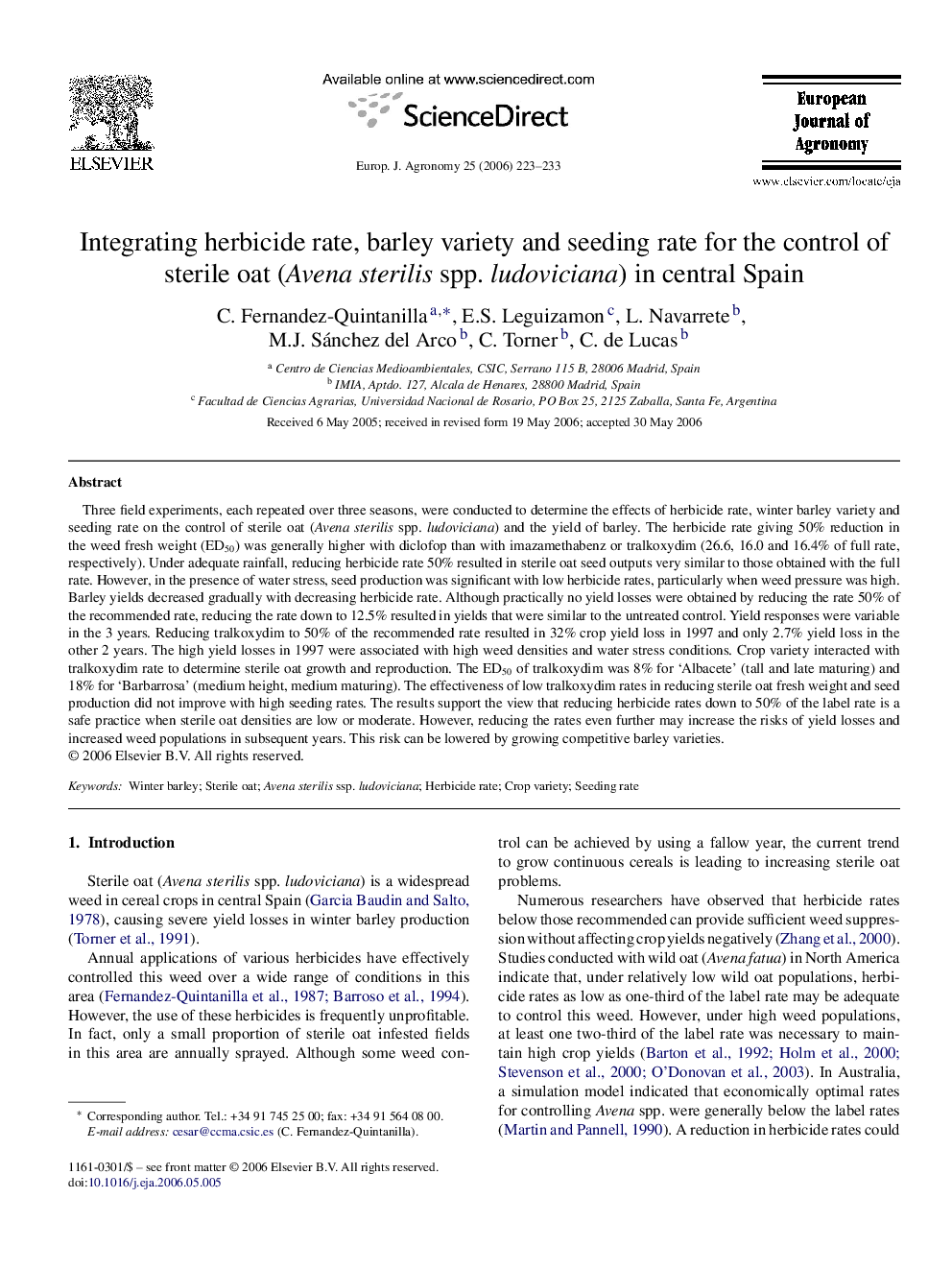 Integrating herbicide rate, barley variety and seeding rate for the control of sterile oat (Avena sterilis spp. ludoviciana) in central Spain