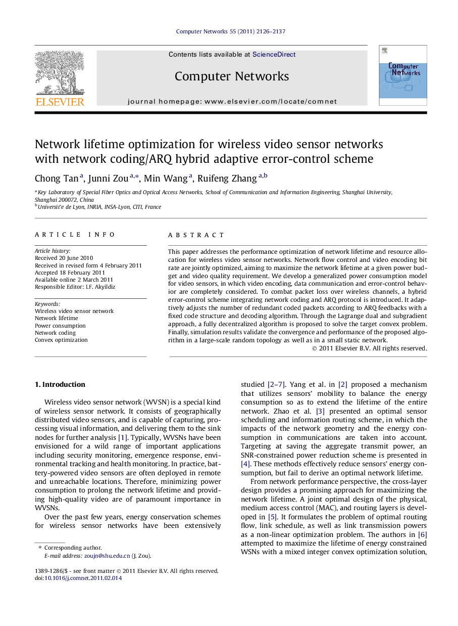 Network lifetime optimization for wireless video sensor networks with network coding/ARQ hybrid adaptive error-control scheme