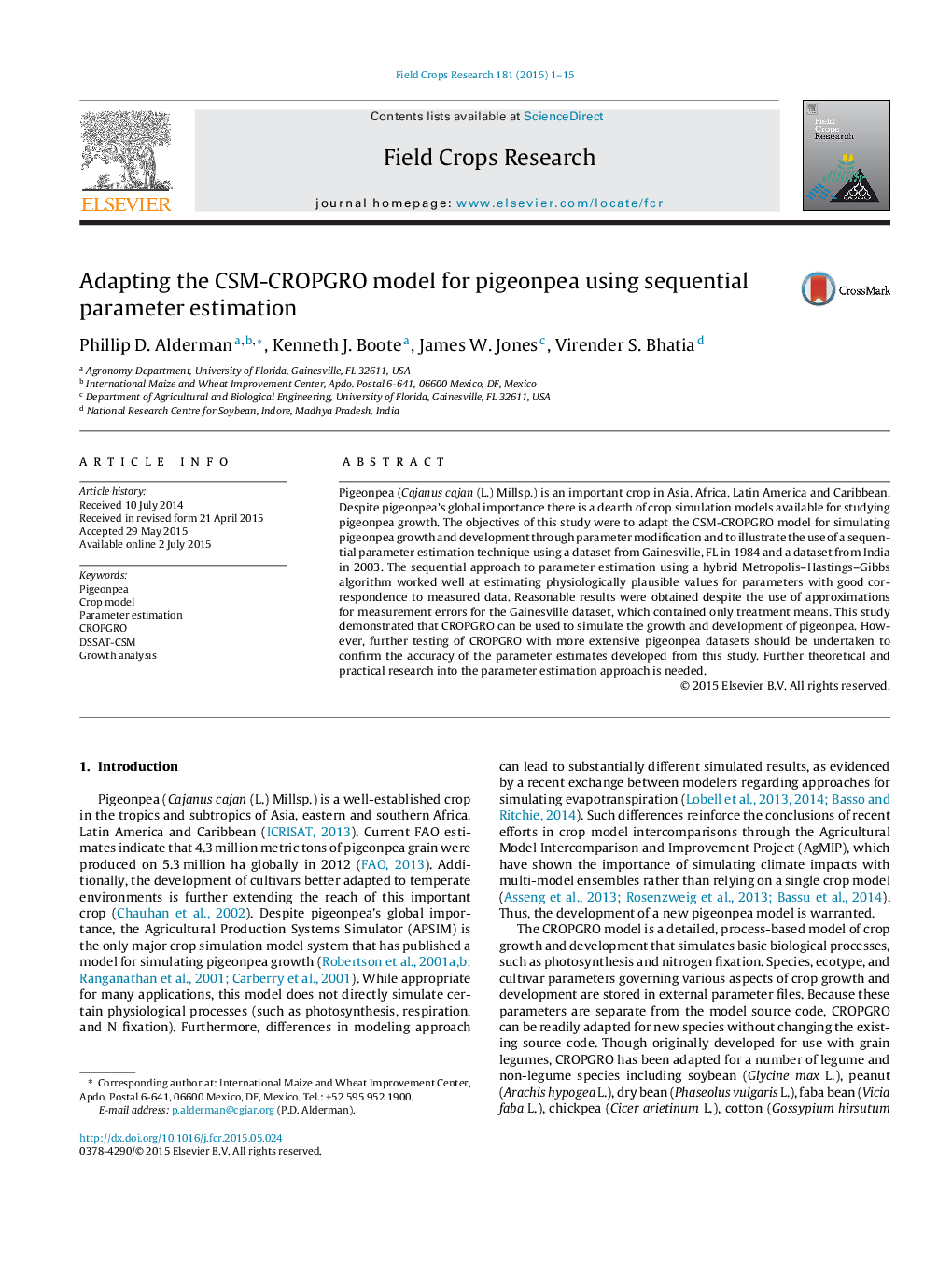 Adapting the CSM-CROPGRO model for pigeonpea using sequential parameter estimation