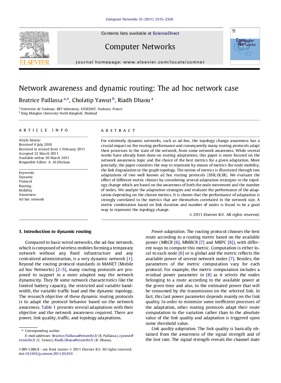 Network awareness and dynamic routing: The ad hoc network case