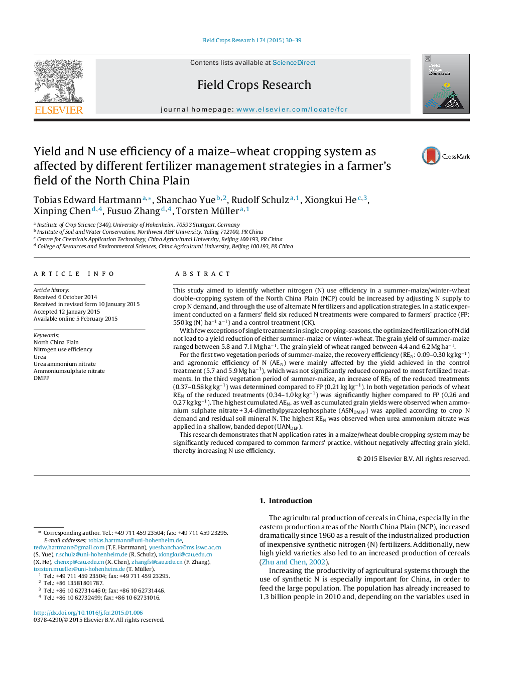 Yield and N use efficiency of a maize–wheat cropping system as affected by different fertilizer management strategies in a farmer's field of the North China Plain