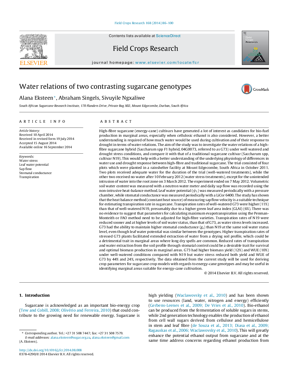 Water relations of two contrasting sugarcane genotypes