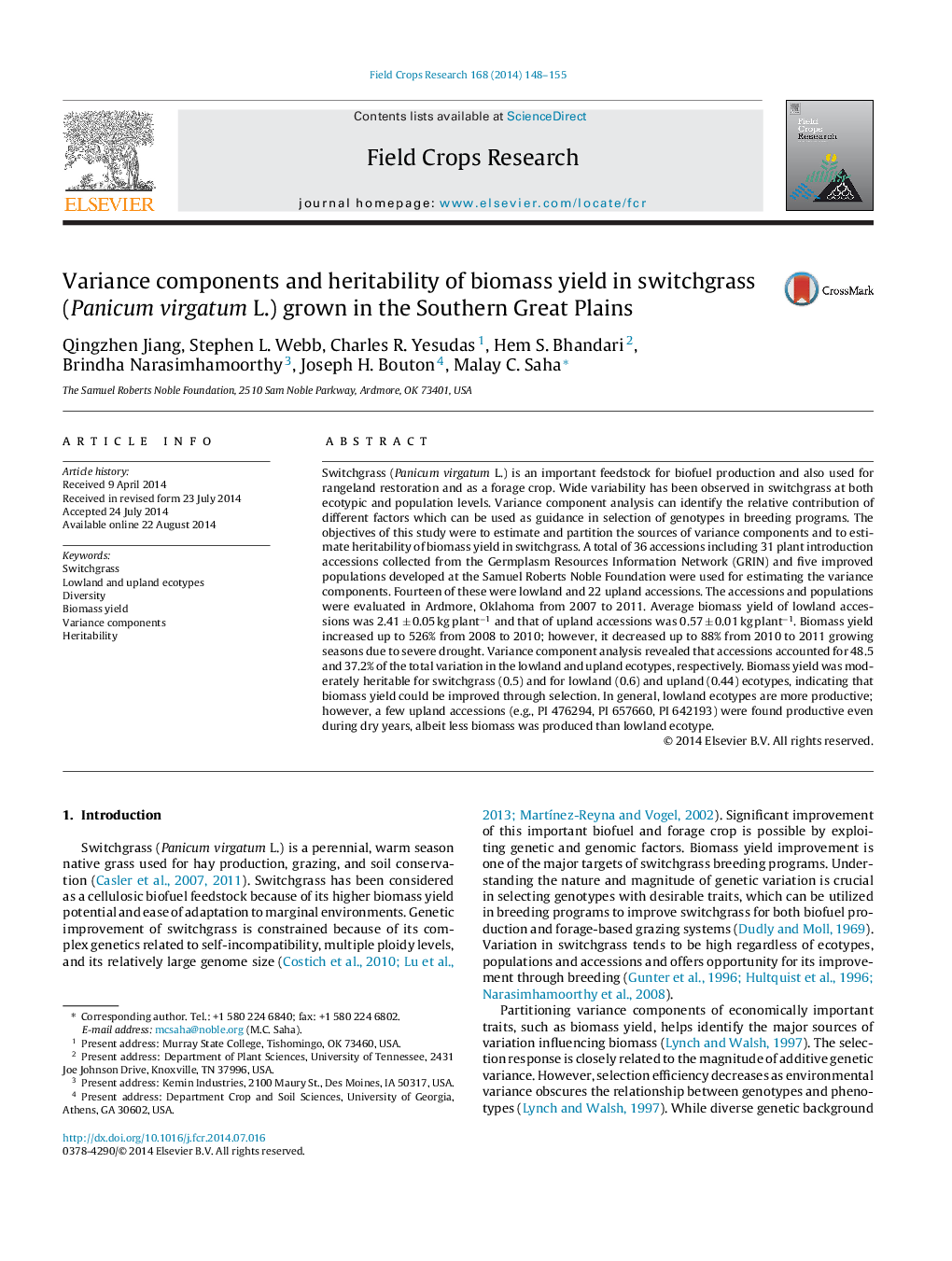 Variance components and heritability of biomass yield in switchgrass (Panicum virgatum L.) grown in the Southern Great Plains