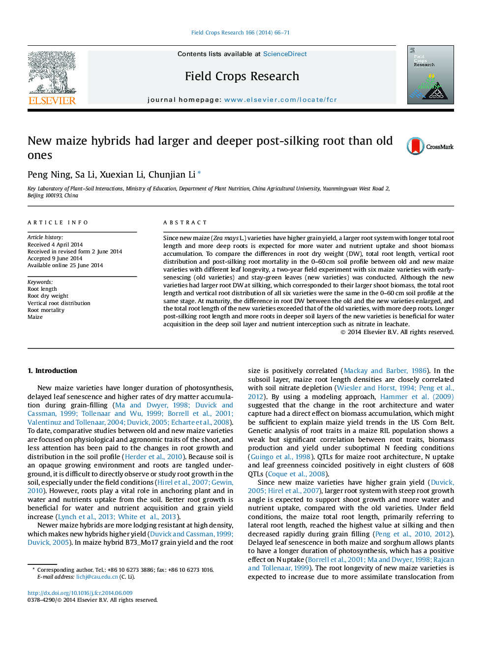 New maize hybrids had larger and deeper post-silking root than old ones