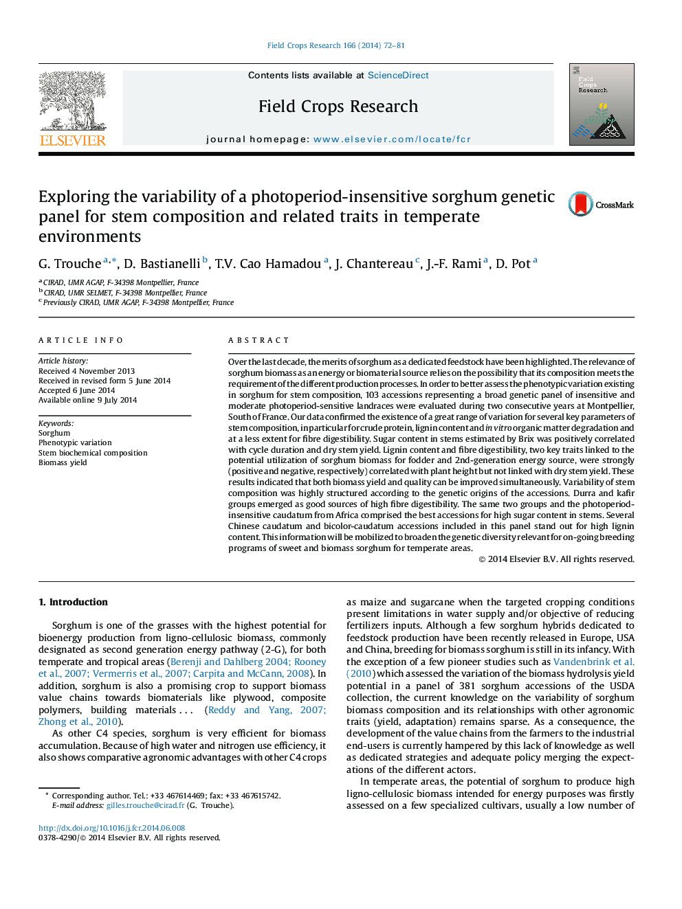 بررسی تغییرات پانل ژنتیکی سورگوم بدون حساسیت فتوتراپی برای ترکیب ساقه و صفات مرتبط با آن در محیط های معتدل 