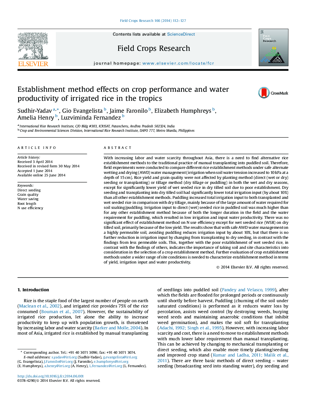 Establishment method effects on crop performance and water productivity of irrigated rice in the tropics